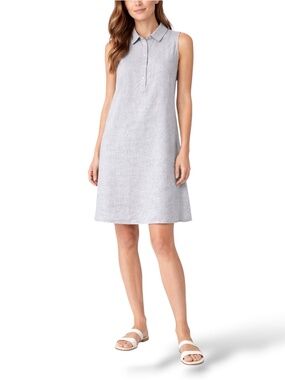 TAHARI 100% Linen Greige Partial Button Front Sleeveless Shift Dress US Sz XL